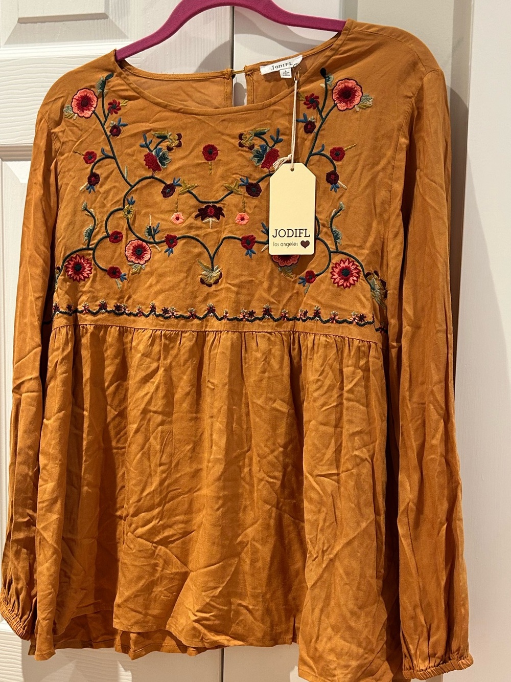 JODIFL Mustard Floral Embroidered Long-Sleeve Tunic